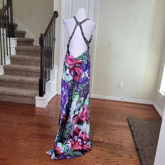 Xscape Y2K Slip Prom Gown Purple 10 Beaded Leopard Print Train Formal Open Back - Picture 5 of 17
